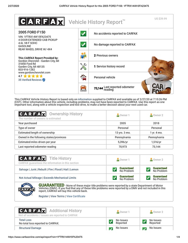 CARFAX Vehicle History Report for this 2005 FORD F150_ 1FTRX14W15FA23475 (1)-page-001