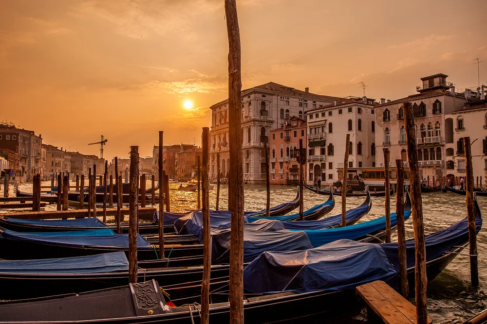 Sunset view over gondolas on the Grand Canal in Venice, showcasing warm golden hues and historic architecture.