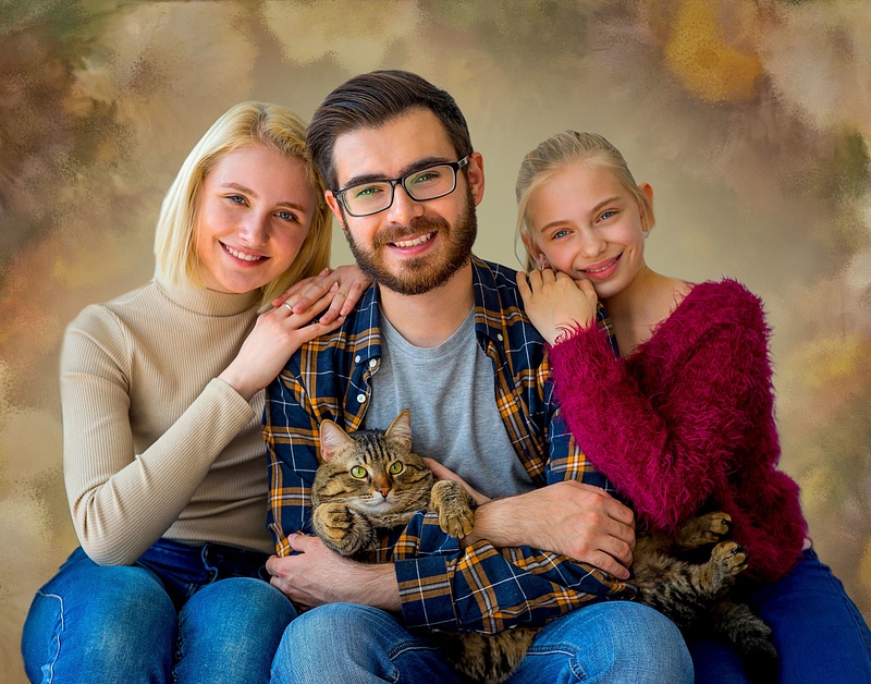 Family and Cat Seated