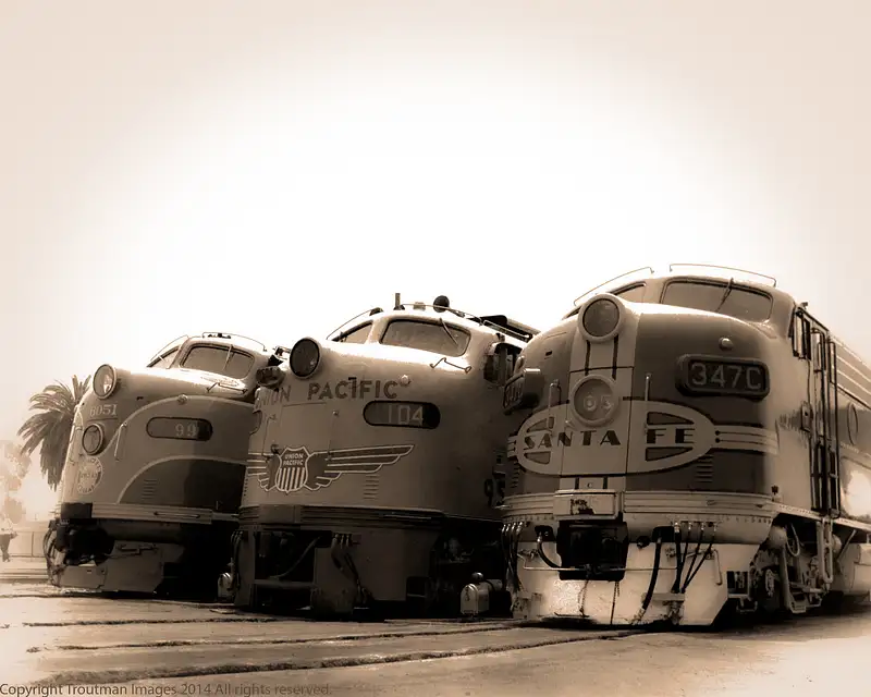 Southern Pacific, Union Pacific, and Santa Fe diesel-electric locomotives at Union Station