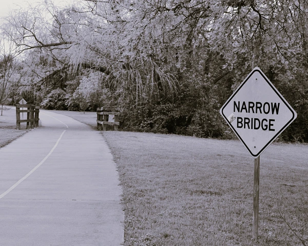 A narrow bridge sign on a winding path surrounded by trees and greenery.