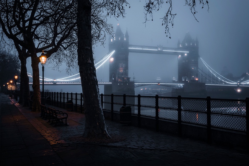 Foggy Tower Bridge sunrise