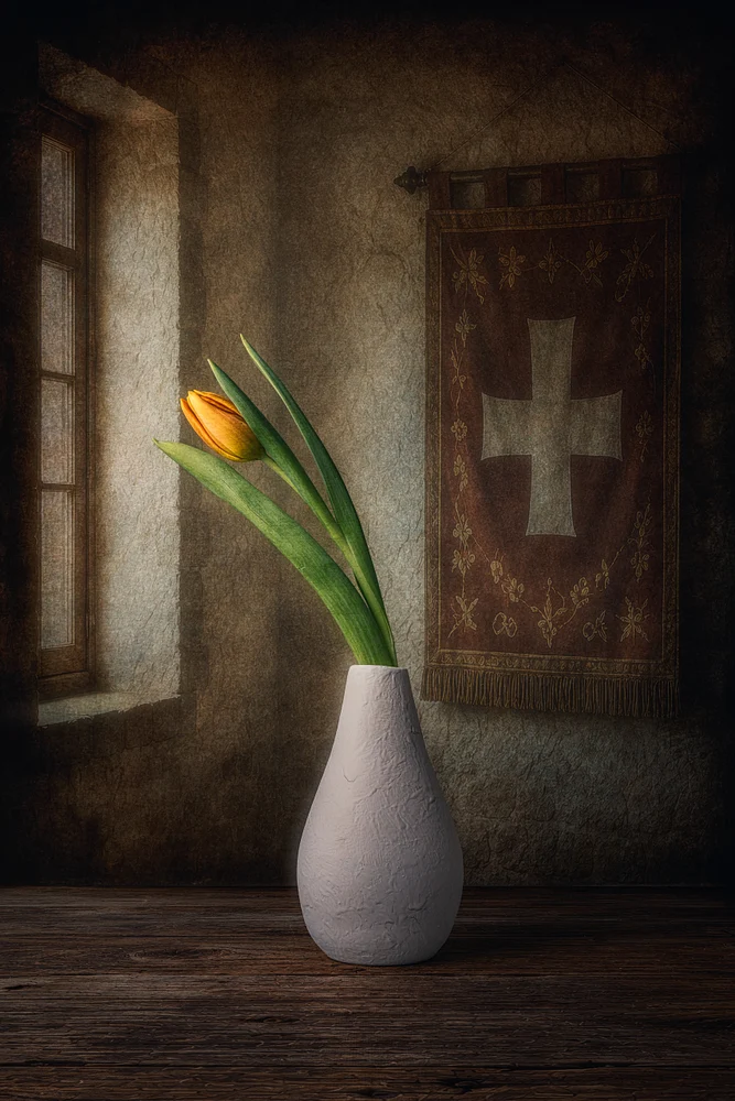 Faith in Silence by Marko Klavs, a fine art still life photograph of a single tulip illuminated by soft window light in a timeless interior.