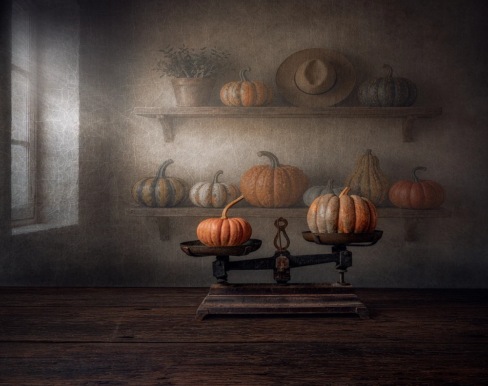 The Balance of Seasons by Marko Klavs, a fine art still life photograph of two pumpkins arranged on an antique balance scale among aged wooden shelves in a timeless interior, illuminated by soft window light.