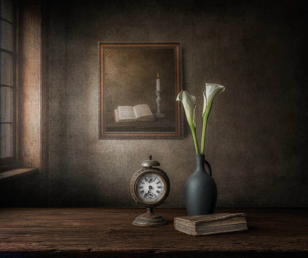 The Measure of Silence by Marko Klavs, a fine art still life photograph of an antique clock beside an old book and two white calla lilies, illuminated by soft window light in a timeless interior.