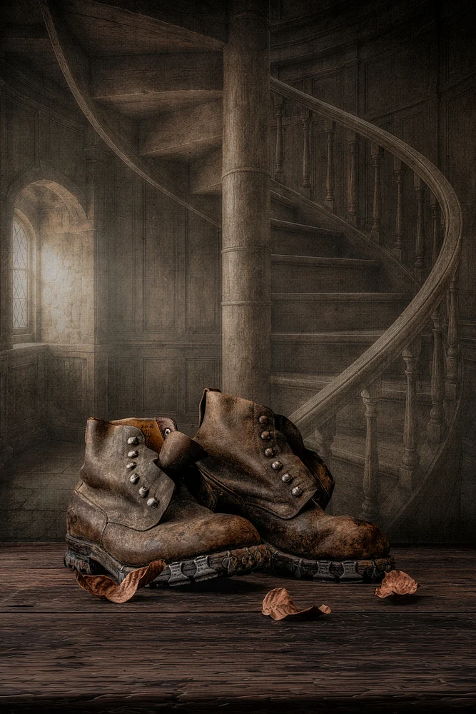 The Wayfarer by Marko Klavs, a fine art still life photograph of worn vintage leather boots resting at the foot of an old wooden staircase in a timeless historic interior, with fallen leaves and soft window light.