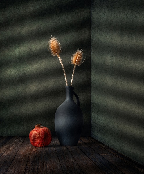 Hidden Light by Marko Klavs, a fine art still life photograph of two dried teasels and a ripe pomegranate arranged in a matte black ceramic vase against a textured green wall, illuminated by soft filtered light.