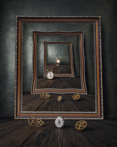 Echoes of Time by Marko Klavs, a fine art still life photograph of antique pocket watches and clockwork gears repeated within nested antique frames, creating an illusion of infinite space.