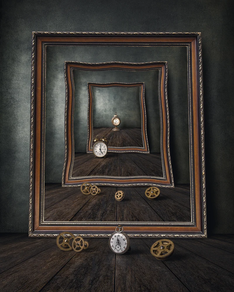 Echoes of Time by Marko Klavs, a fine art still life photograph of antique pocket watches and clockwork gears repeated within nested antique frames, creating an illusion of infinite space.