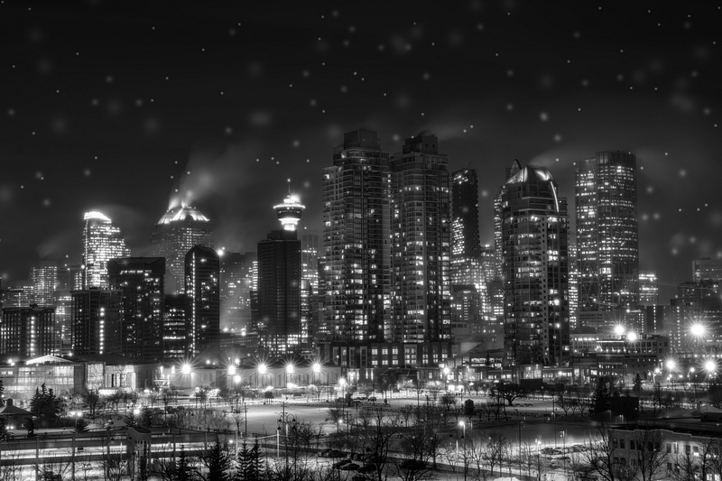 Black and White Image of Downtown Calgary during a Snowstorm.