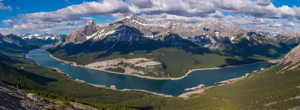 Panoramic view of Spray Lakes Reservoir, Canmore,...
