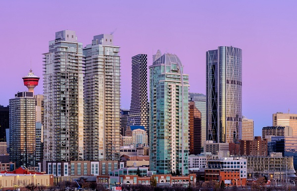 Panoramic View, Downtown Calgary Cityscape with  Pink Sunrise, Halloween, Calgary, 2021 - City of Calgary - Yves Gagnon Photography 
