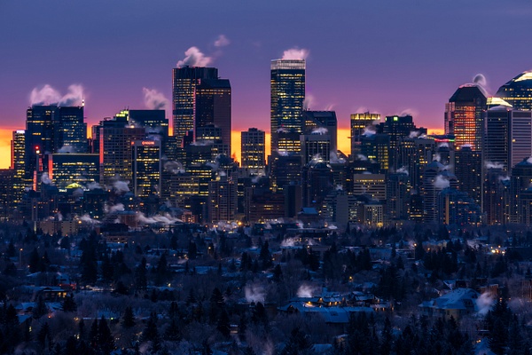 City of Calgary under Deep Freez with smoke Stacks Sunrise December 2021 - City of Calgary - Yves Gagnon Photography 