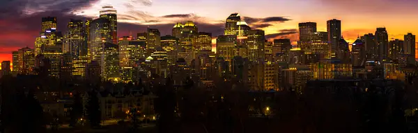 Red Fall Sunrise Over the City of Calgary, Alberta,...