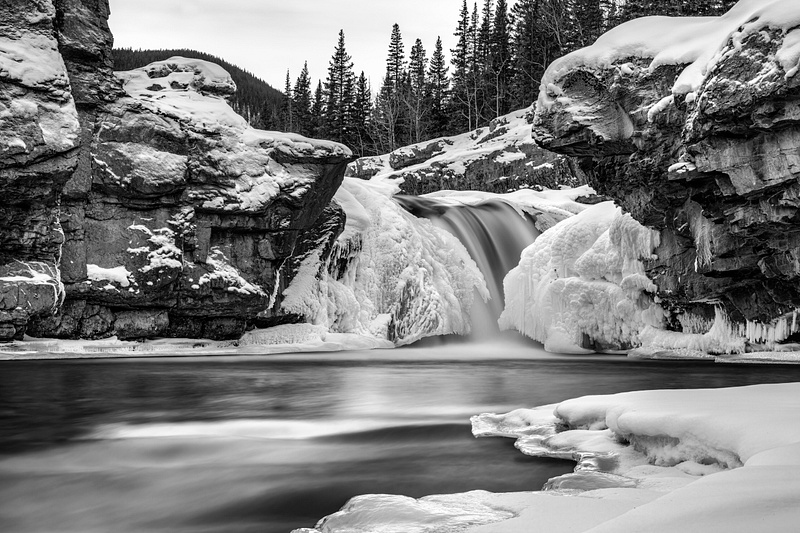 Black and White Elbow Falls Winter Scene, Bragg Creek, Alberta, Canada