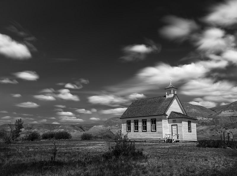 Historical Chruch Black and White lOng Exposure  Dorothy, Alberta