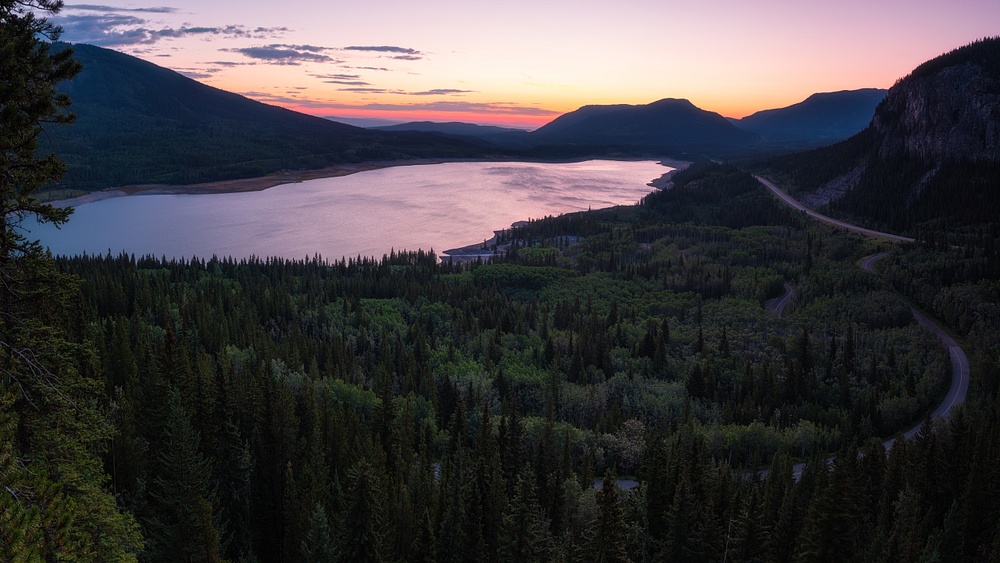 Panoramic View Barrier Lake wiht a majestic Orange Summer Sunrise 2022