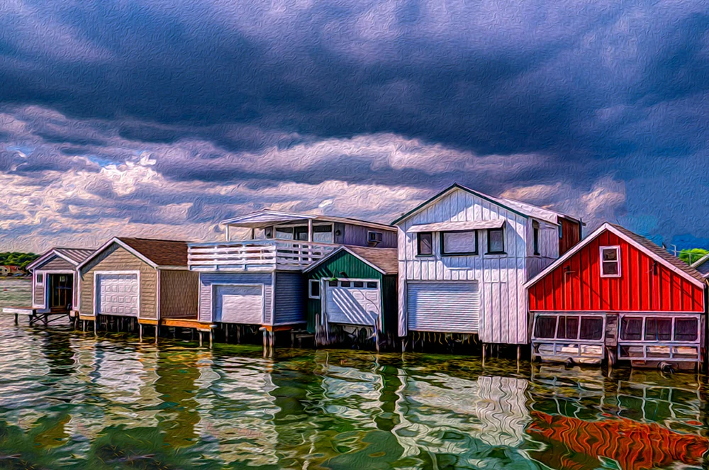 Vibrant Boathouses Reflecting on Canandaigua Lake