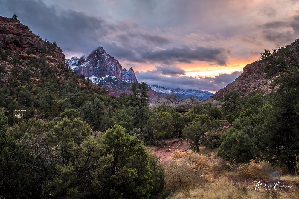 Serene Twilight Over Zion's Snow-Capped Peaks
