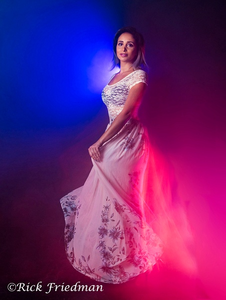 Model Shaza Lauren in white flowing dress with blue and red lights and smoke by Rick Friedman - Models - Rick Friedman Photography 
