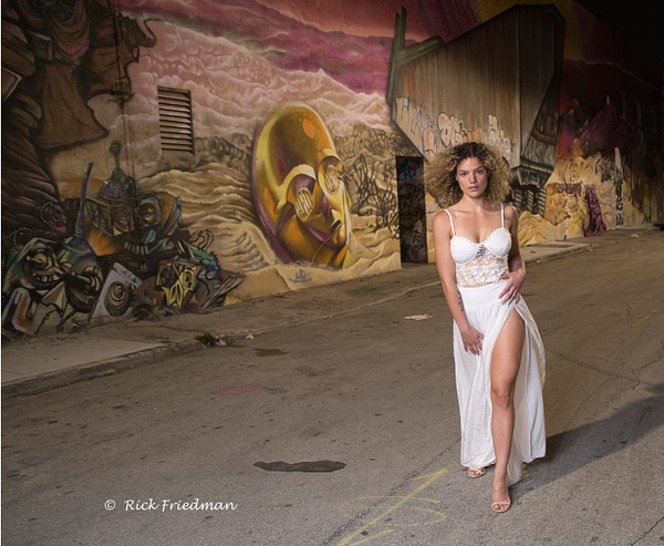 Model in white dress in Wynwood, Miami by Rick Friedman - Rick & Rick Photo Workshops
