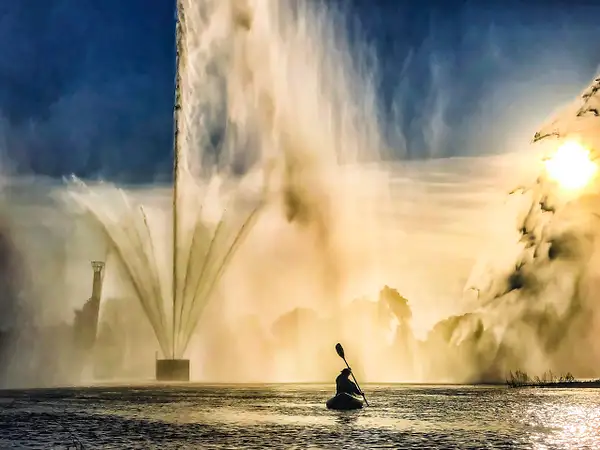 Paddling into Riverscape Fountains_40x30 by Rad Drew