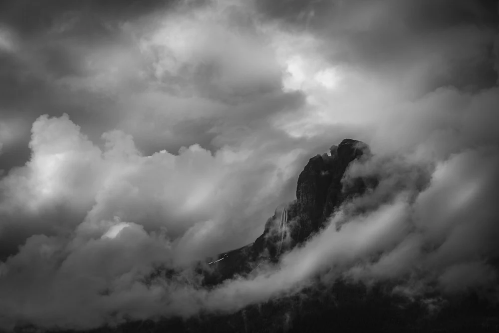 Dramatic Clouds Over Majestic Mountain,  Black and White Photography