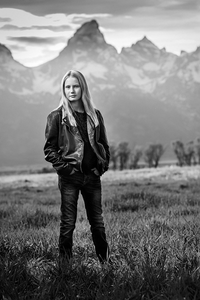 girl in leather coat with tetons - Flo McCall Photography 