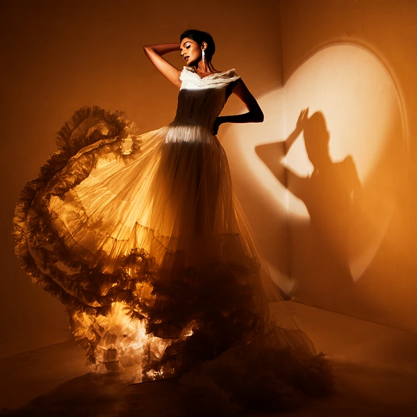 Model in a flowing tulle gown illuminated by warm light with dynamic shadows.