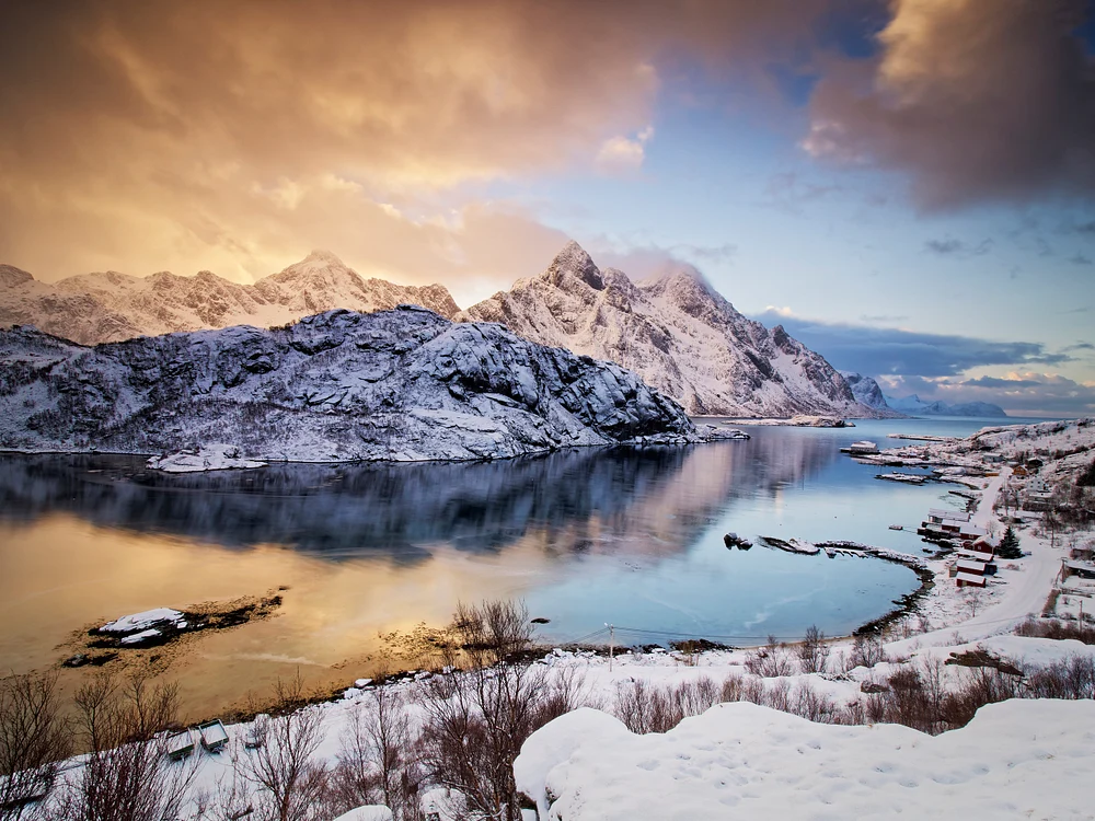 Breathtaking Fjord View in Lofoten, Norway During Golden Hour