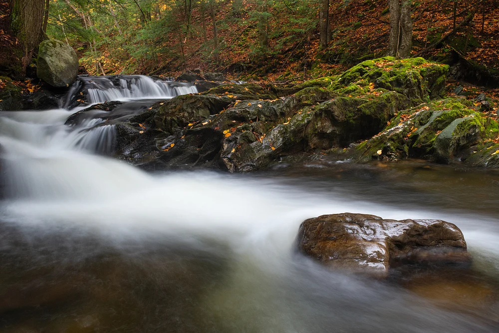 Serene Vermont Stream Flowing Over Mossy Rocks