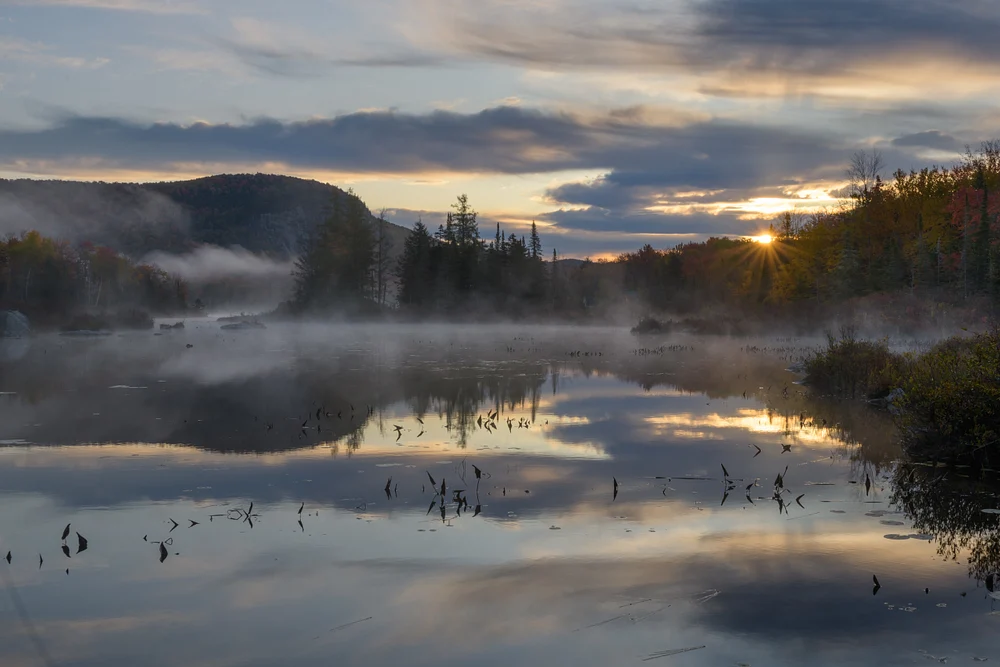 Ethereal Vermont Dawn Over Misty Waters