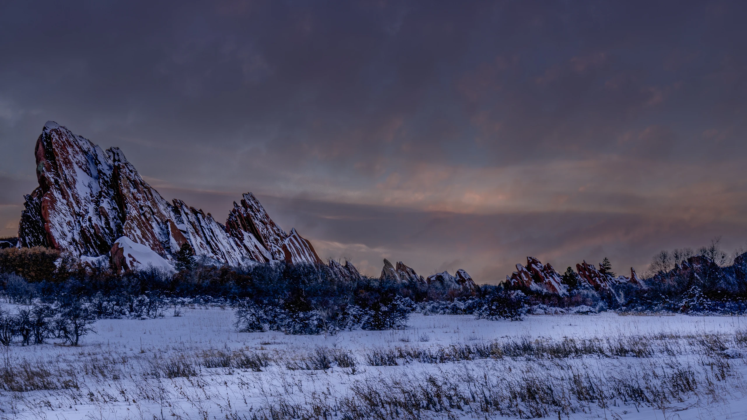 Snowy Winter Sunrise at Roxborough State Park's Red Rock Formations