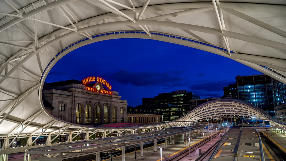 Denver Union Station's Iconic Illuminated Architecture at Blue Hour
