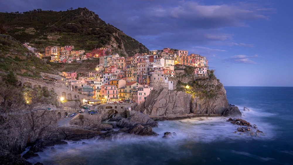 Manarola at Twilight: Colorful Cliffside Village in Cinque Terre, Italy