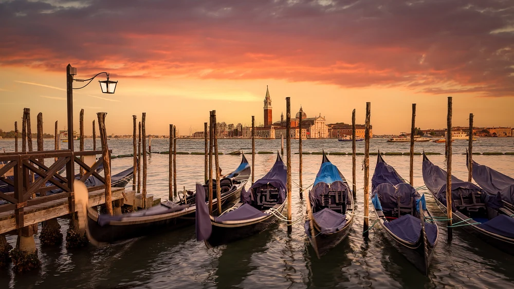 Venetian Gondolas at Sunset with San Giorgio Maggiore Island View