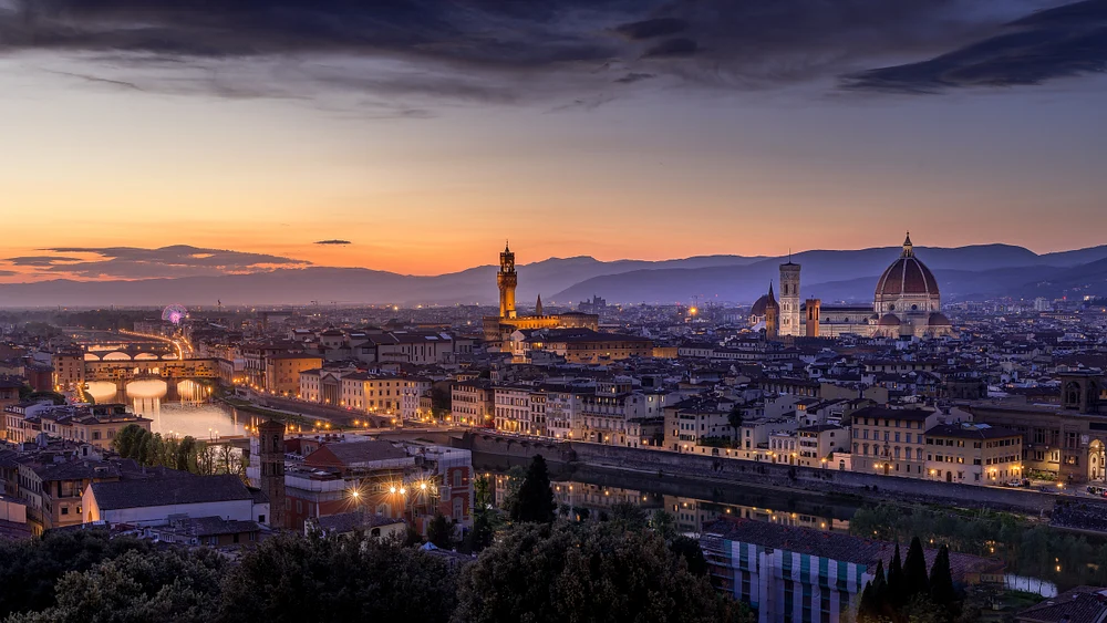 Stunning Sunset Over Florence Skyline with Duomo and Ponte Vecchio