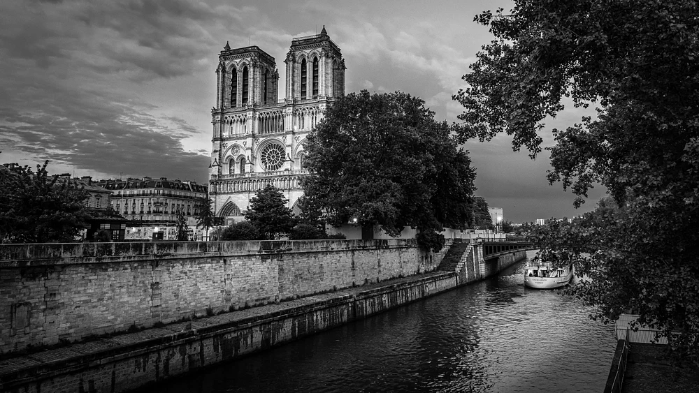 Notre-Dame Cathedral and Seine River in Dramatic Black and White, Paris France