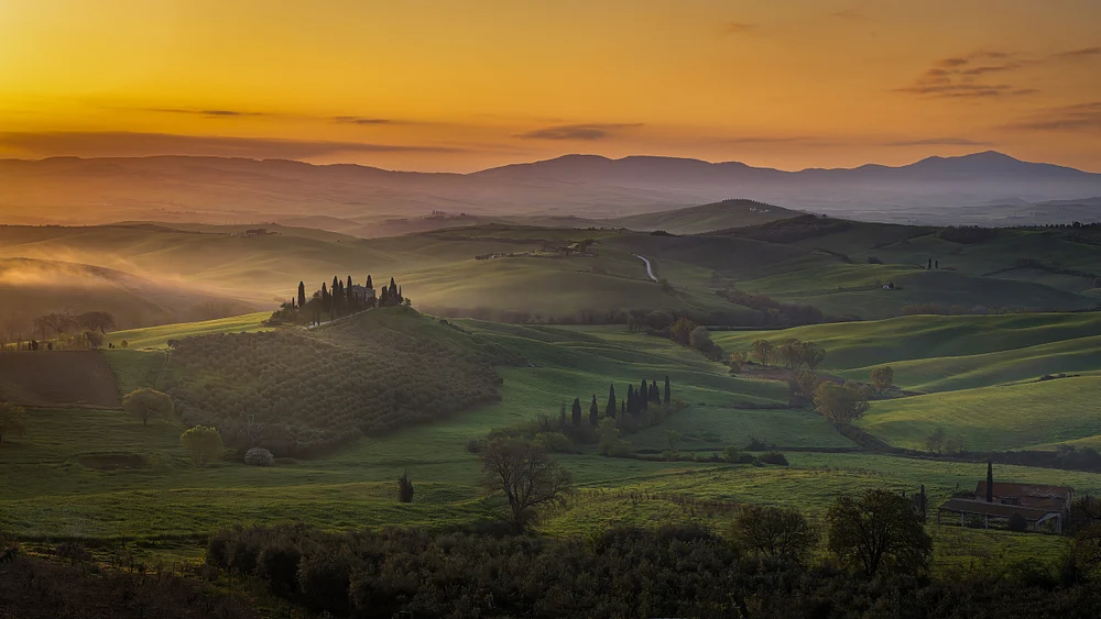 Golden Sunset Over Rolling Hills of Val d'Orcia, Tuscany