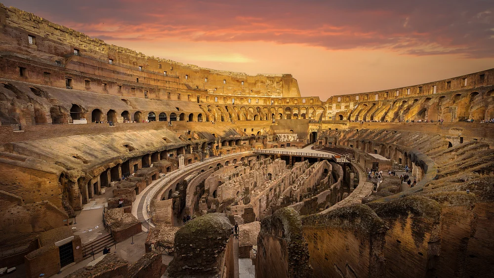 Ancient Colosseum Interior at Golden Sunset, Rome, Italy