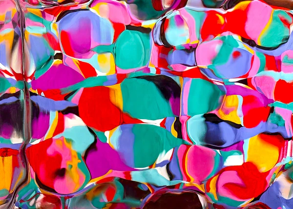 Tightly cropped abstract artwork showing glossy turquoise, pink, red, yellow, and violet color cells with dark flowing seams