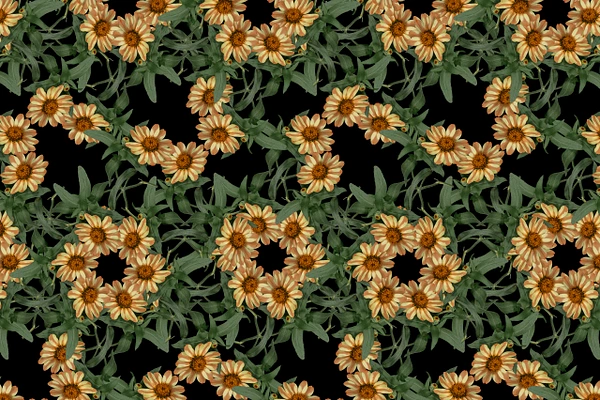 Floral textile design featuring vibrant flowers against a black background.