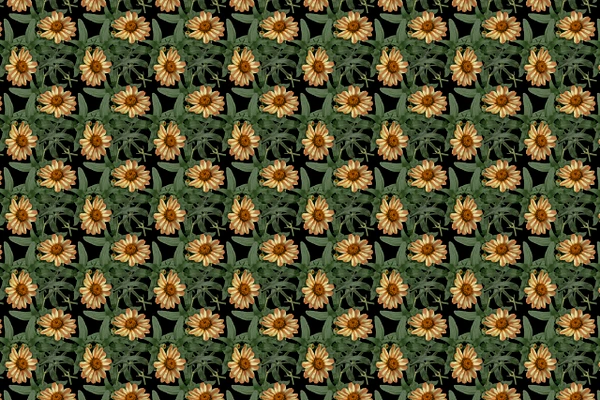 Textile design featuring a repeating pattern of sunflowers on a black background.