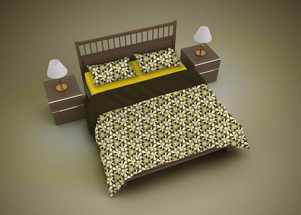 Artistic bedding design by Michael Weinman featuring floral patterns and vibrant colors.