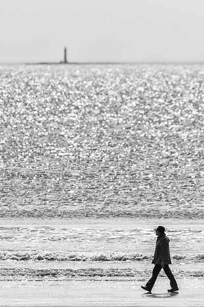 Symmetrical Stroll-Long Sands Beach - Maine in Black in White - Jim Rothenberg