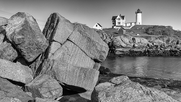 Rock Detail &amp; Nubble Light - Maine in Black in White - Jim Rothenberg