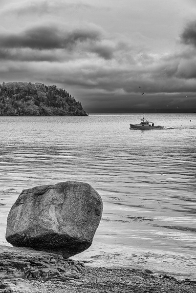 Balanced Rock &amp; Lobster Boat - Maine in Black in White - Jim Rothenberg