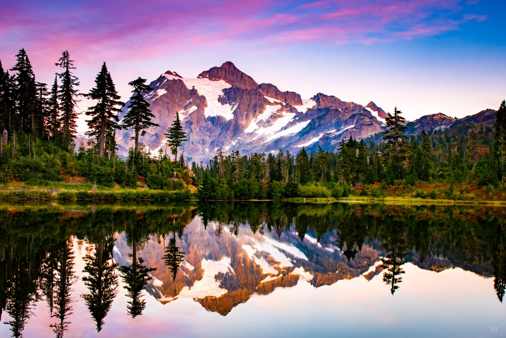 Stunning Sunset Reflection of Mt. Shuksan at Picture Lake
