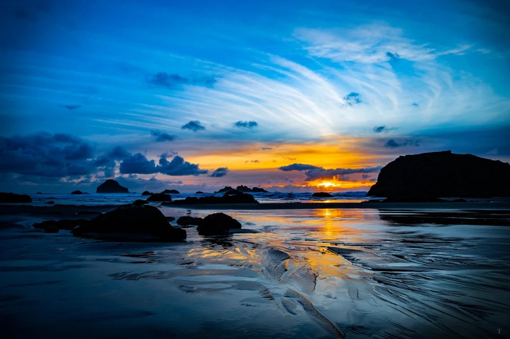 Dramatic Sunset Over Bandon Oregon's Serene Beach