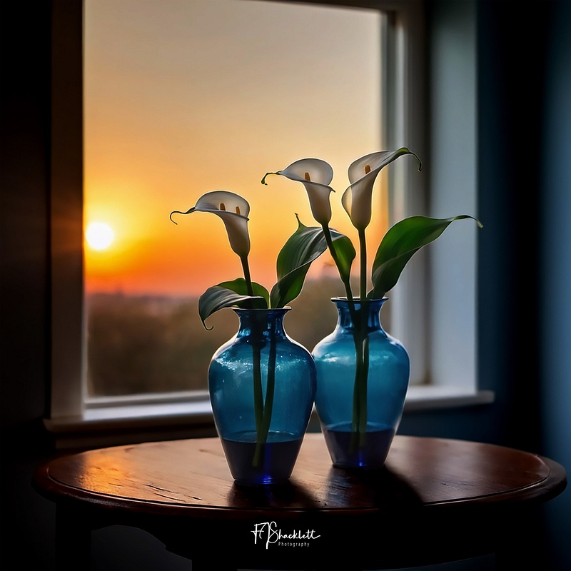 Easter Lilies in window at sunset
